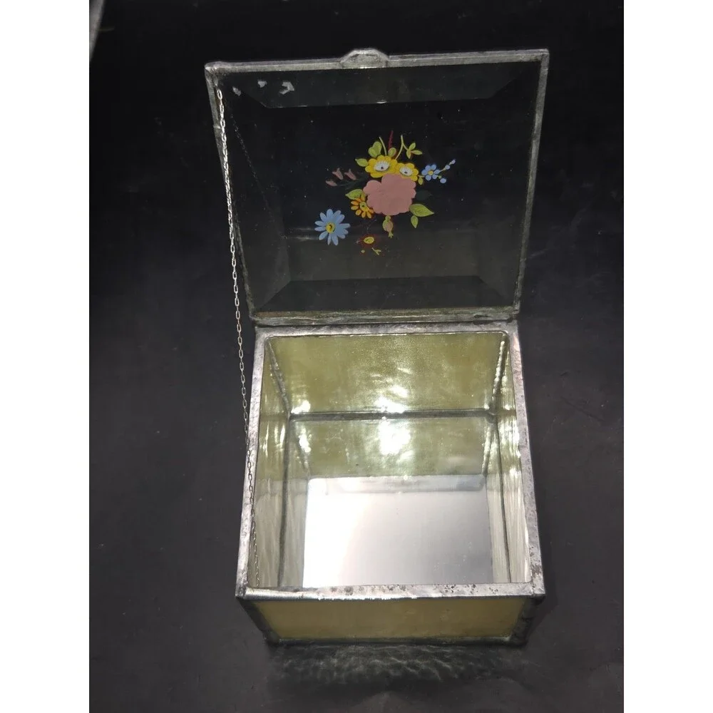Vtg Glass Metal Leaded Trinket Jewelry Box Hinged Stained Glass Mirror Bottom